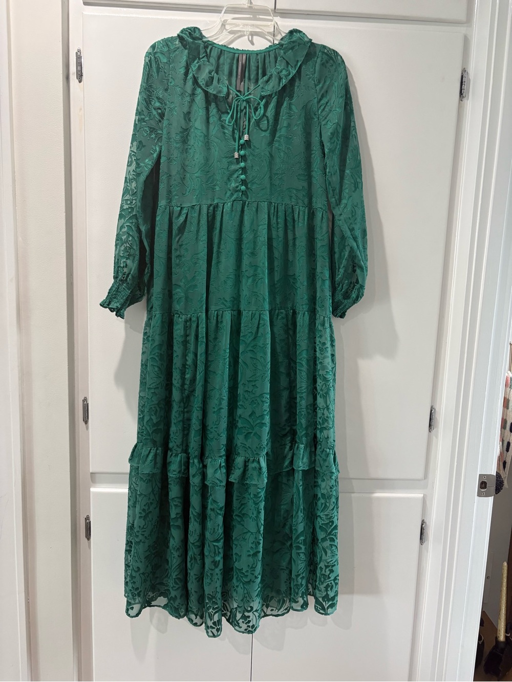 Anthropologie Emerald Green Jacquard Tiered Ruffle Dress runs big XXS